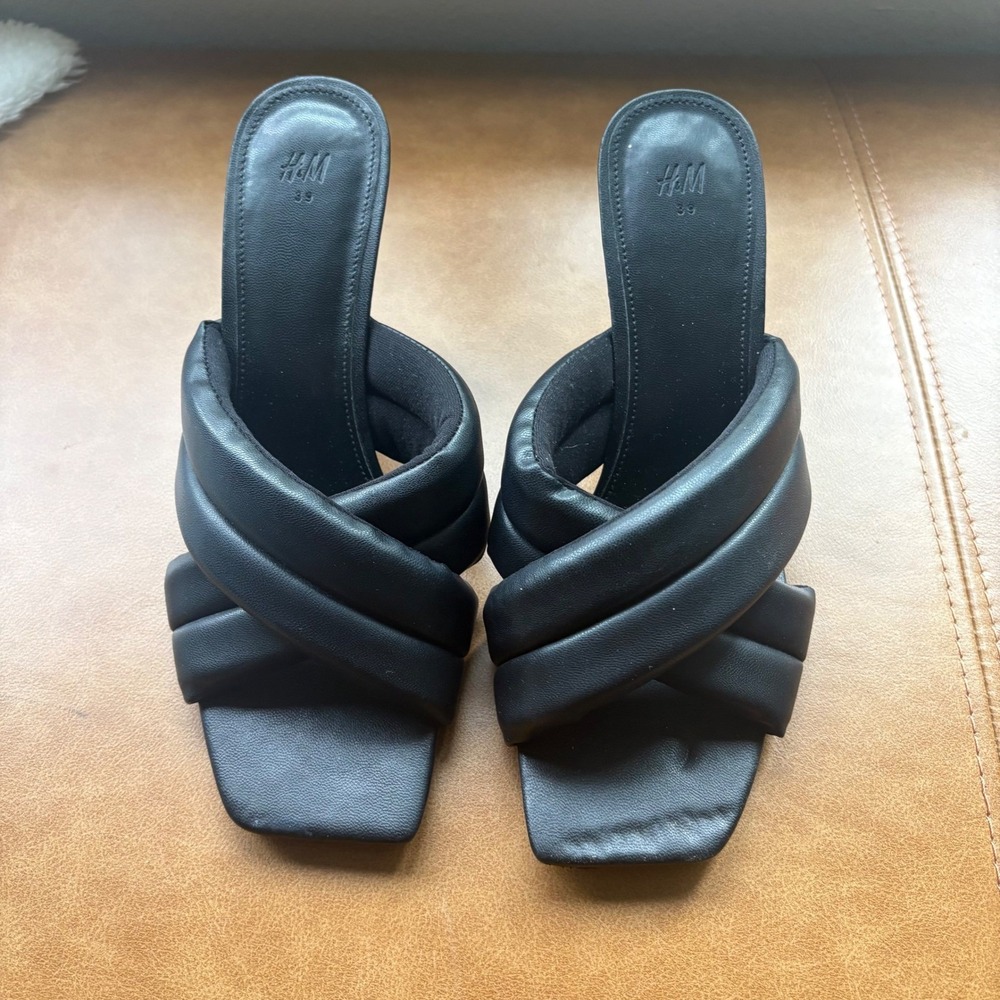 H&M Black Padded Crossover Square Toe Mule Kitten Heels Sandals 1056870 5 Mens 8 - Picture 2 of 7
